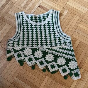 Asymmetric Green and White Crochet Crop Top